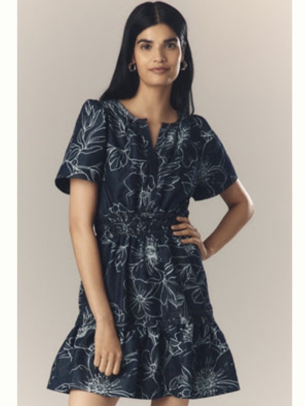 Anthropologie The Somerset Denim Floral Mini Dress W Pockets Size XL, New W Tags